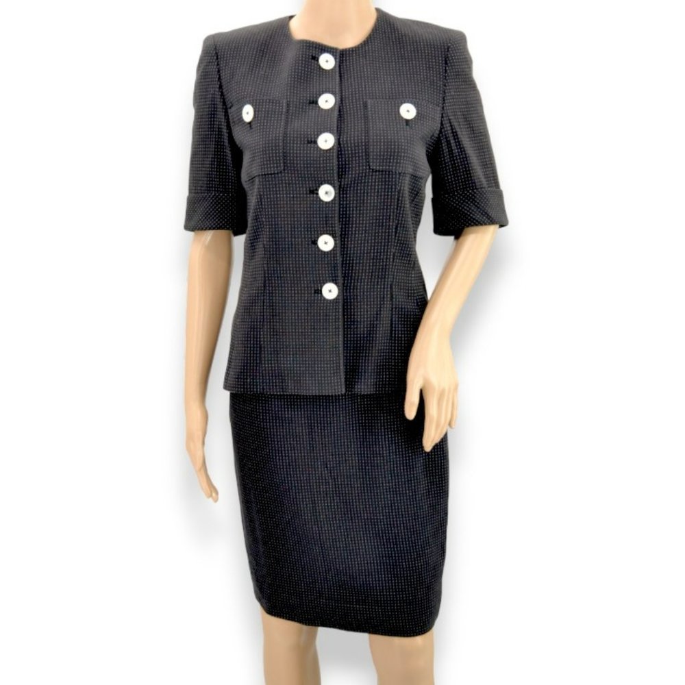 AKRIS Black Label White Polka Dot Wiggle Pencil Skirt and Fitted Blazer Suit 4